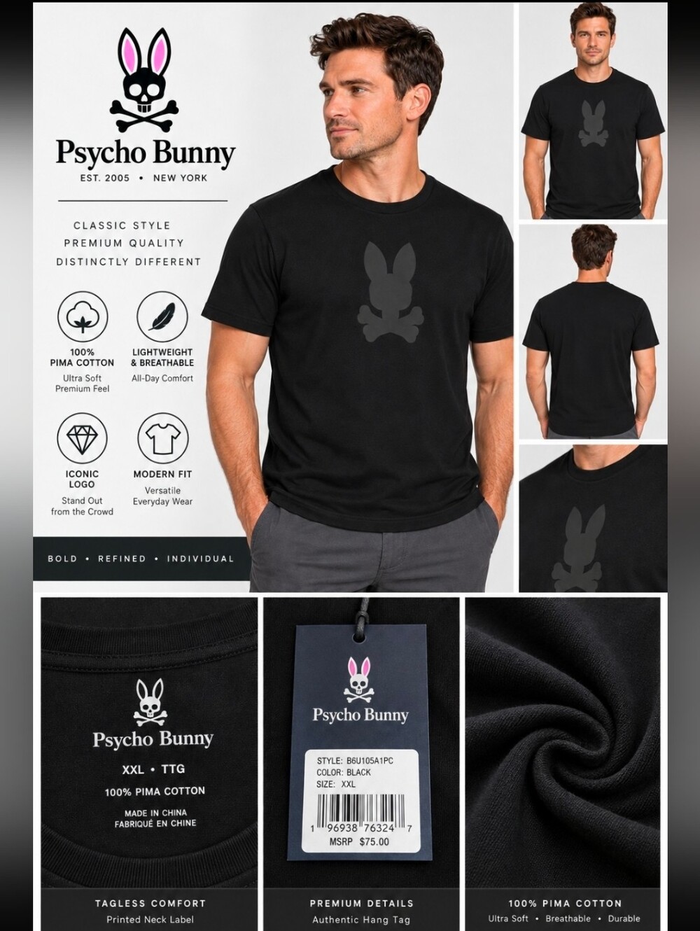 Psycho Bunny Black Graphic Logo T-Shirt Men's XXL | Premium Cotton Tee NWT